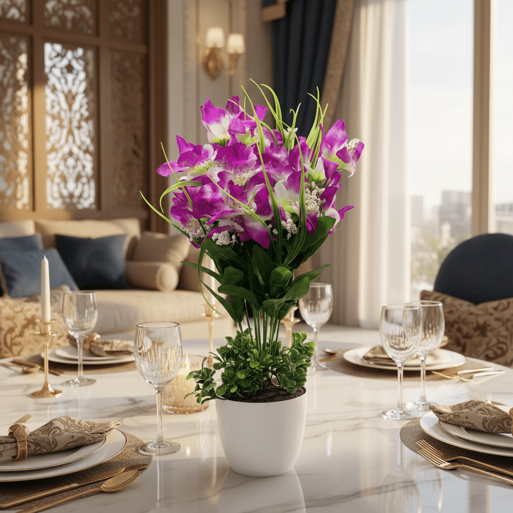 Lavender & White Artificial Orchid Flower Plant | White Plastic Vase | 38cm - Al Kabayel Discount CentreLavender & White Artificial Orchid Flower Plant | White Plastic Vase | 38cmArtificial FloraAKDCAl Kabayel Discount Centre