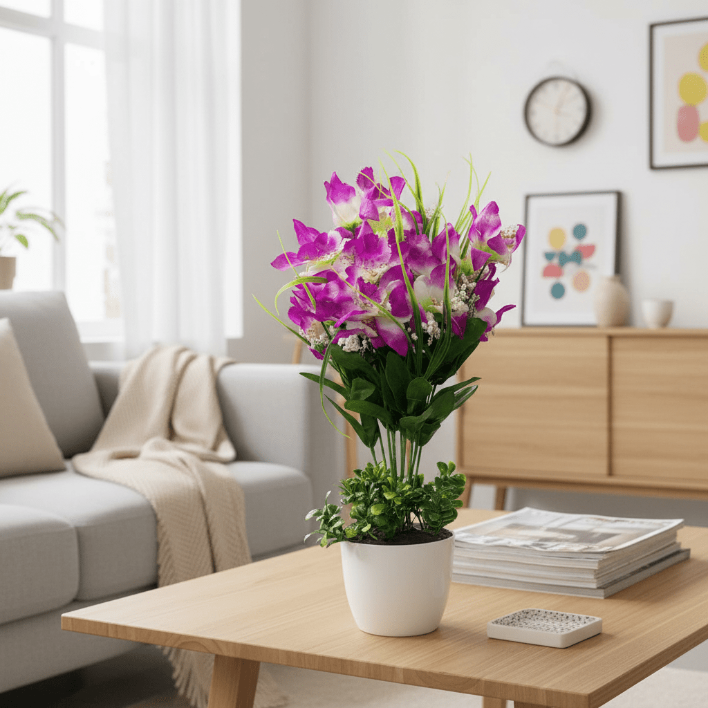 Lavender & White Artificial Orchid Flower Plant | White Plastic Vase | 38cm - Al Kabayel Discount CentreLavender & White Artificial Orchid Flower Plant | White Plastic Vase | 38cmArtificial FloraAKDCAl Kabayel Discount Centre