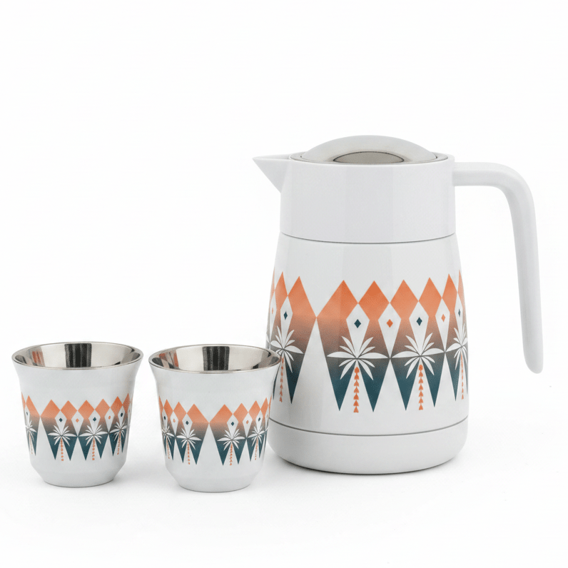 Lavin White Vacuum Flask with Palm Tree Design and 2 Cawa Cups for Traditional Coffee Serving 500 ml - Al Kabayel Discount CentreLavin White Vacuum Flask with Palm Tree Design and 2 Cawa Cups for Traditional Coffee Serving 500 mlThermosLAVINAl Kabayel Discount Centre