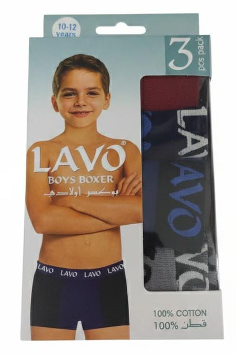 Lavo Boys Cotton Boxer Shorts Pack of 3, Smooth Waistband & Easy Fit, Assorted Colors, 10–12 Years - Al Kabayel Discount CentreLavo Boys Cotton Boxer Shorts Pack of 3, Smooth Waistband & Easy Fit, Assorted Colors, 10–12 YearsBoys's/Kid's UnderwearsLAVOAl Kabayel Discount Centre