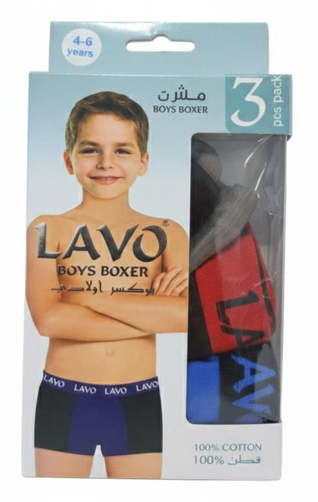 Lavo Boys Cotton Boxer Shorts Pack of 3, Soft Stretchable Fabric, Assorted Colors, Kids Innerwear, 4–6 Years - Al Kabayel Discount CentreLavo Boys Cotton Boxer Shorts Pack of 3, Soft Stretchable Fabric, Assorted Colors, Kids Innerwear, 4–6 YearsBoys's/Kid's UnderwearsLAVOAl Kabayel Discount Centre