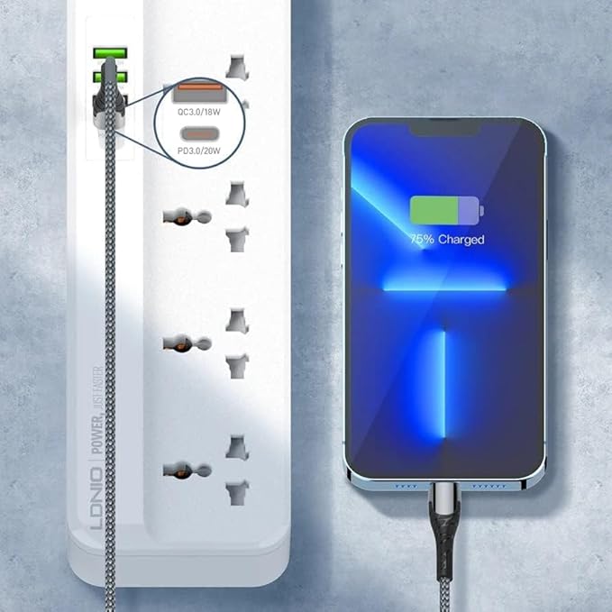 LDNIO 5 Way Power Extension Cord with 5 Universal Outlets Compatible With UK/UAE Plug, 2 Auto ID USB Ports, 1* QC 3.0, 1* PD, 2m Extension Cord - Al Kabayel Discount CentreLDNIO 5 Way Power Extension Cord with 5 Universal Outlets Compatible With UK/UAE Plug, 2 Auto ID USB Ports, 1* QC 3.0, 1* PD, 2m Extension CordCords & AdaptersLDINOAl Kabayel Discount Centre