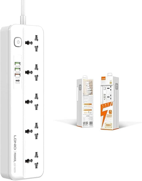 LDNIO 5 Way Power Extension Cord with 5 Universal Outlets With UK/UAE Plug, 2 Auto ID USB Ports, 1* QC 3.0, 1* PD For Mobile Charging, 2m Extension Cord - Al Kabayel Discount CentreLDNIO 5 Way Power Extension Cord with 5 Universal Outlets With UK/UAE Plug, 2 Auto ID USB Ports, 1* QC 3.0, 1* PD For Mobile Charging, 2m Extension CordCords & AdaptersLDINOAl Kabayel Discount Centre