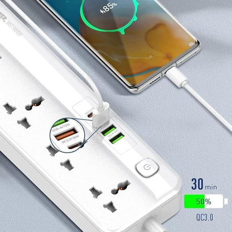 LDNIO 5 Way Power Extension Cord with 5 Universal Outlets With UK/UAE Plug, 2 Auto ID USB Ports, 1* QC 3.0, 1* PD For Mobile Charging, 2m Extension Cord - Al Kabayel Discount CentreLDNIO 5 Way Power Extension Cord with 5 Universal Outlets With UK/UAE Plug, 2 Auto ID USB Ports, 1* QC 3.0, 1* PD For Mobile Charging, 2m Extension CordCords & AdaptersLDINOAl Kabayel Discount Centre