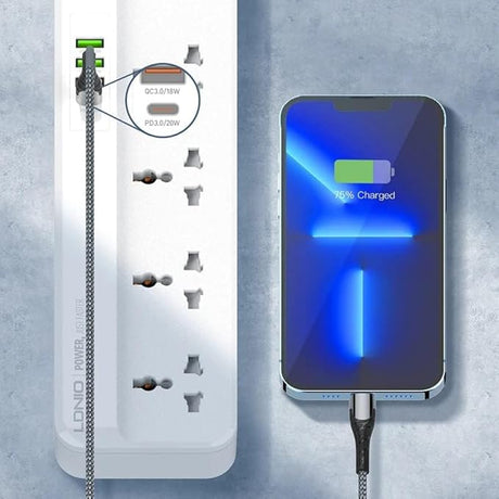 LDNIO 5 Way Power Extension Cord with 5 Universal Outlets With UK/UAE Plug, 2 Auto ID USB Ports, 1* QC 3.0, 1* PD For Mobile Charging, 2m Extension Cord - Al Kabayel Discount CentreLDNIO 5 Way Power Extension Cord with 5 Universal Outlets With UK/UAE Plug, 2 Auto ID USB Ports, 1* QC 3.0, 1* PD For Mobile Charging, 2m Extension CordCords & AdaptersLDINOAl Kabayel Discount Centre
