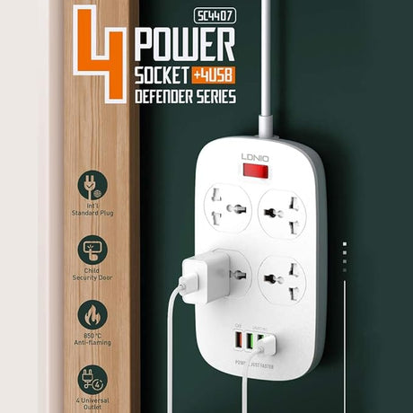 LDNIO Four Independent Switch Sockets Household Plug Power Strip With 3 Powerful Auto ID USB Ports, One 18W QC3 - Al Kabayel Discount CentreLDNIO Four Independent Switch Sockets Household Plug Power Strip With 3 Powerful Auto ID USB Ports, One 18W QC3Cords & AdaptersLDINOAl Kabayel Discount Centre