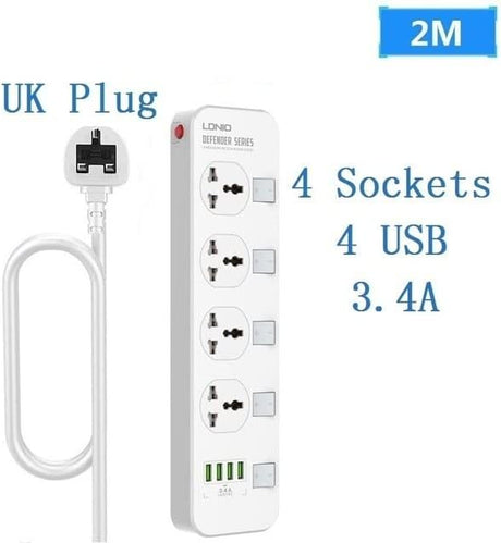 LDNIO Power Extension Socket with Auto - ID 4 USB Ports,4 Spaced Power Sockets With UK Plug, Overload Switch, 2m Extension Cord - Al Kabayel Discount CentreLDNIO Power Extension Socket with Auto - ID 4 USB Ports,4 Spaced Power Sockets With UK Plug, Overload Switch, 2m Extension CordCords & AdaptersLDINOAl Kabayel Discount Centre