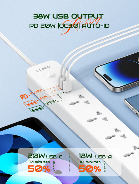 LDNIO SC5319 Multi Socket Extension Lead with 5 AC 3 USB Power Socket Plug Extender 2M Wall Mountable Universal Power Strip - Al Kabayel Discount CentreLDNIO SC5319 Multi Socket Extension Lead with 5 AC 3 USB Power Socket Plug Extender 2M Wall Mountable Universal Power StripCords & AdaptersLDINOAl Kabayel Discount Centre