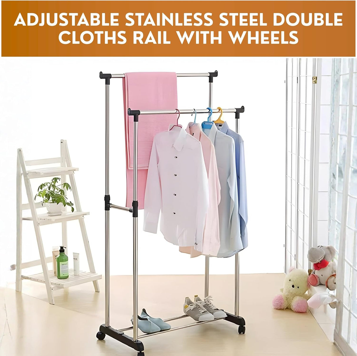 Leostar Double Garment Rack CD - 1264 | Adjustable Height | Double Rail | With Wheels 82*42*92 CM - Al Kabayel Discount CentreLeostar Double Garment Rack CD - 1264 | Adjustable Height | Double Rail | With Wheels 82*42*92 CMHome Décor AccentsLEOSTARAl Kabayel Discount Centre