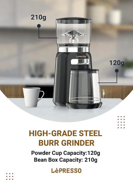LePresso High Performance Coffee Bean Grinder, SUS430 Steel Grade, 210g Bean Box Capacity, 20 Grinding Sizes, Coffee Powder Maker - Al Kabayel Discount CentreLePresso High Performance Coffee Bean Grinder, SUS430 Steel Grade, 210g Bean Box Capacity, 20 Grinding Sizes, Coffee Powder MakerFood & Drink AppliancesLEPRESSOAl Kabayel Discount Centre
