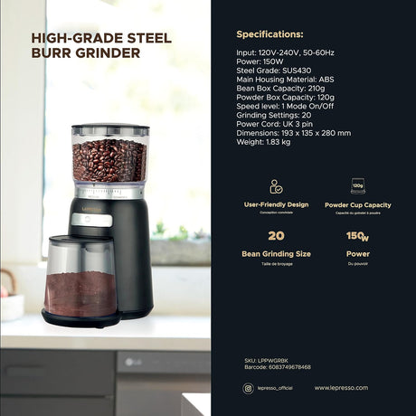 LePresso High Performance Coffee Bean Grinder, SUS430 Steel Grade, 210g Bean Box Capacity, 20 Grinding Sizes, Coffee Powder Maker - Al Kabayel Discount CentreLePresso High Performance Coffee Bean Grinder, SUS430 Steel Grade, 210g Bean Box Capacity, 20 Grinding Sizes, Coffee Powder MakerFood & Drink AppliancesLEPRESSOAl Kabayel Discount Centre
