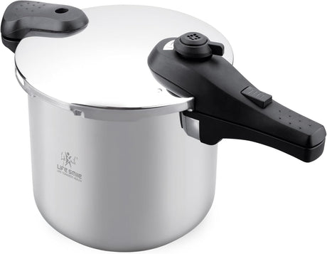 Life Smile 10L Pressure Cooker – 18/10 Stainless Steel, Push Button Lock System, Induction Compatible, Heat-Resistant Handles, Silver - Al Kabayel Discount CentreLife Smile 10L Pressure Cooker – 18/10 Stainless Steel, Push Button Lock System, Induction Compatible, Heat-Resistant Handles, SilverPressure CookersLIFE SMILEAl Kabayel Discount Centre