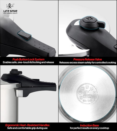 Life Smile 10L Pressure Cooker – 18/10 Stainless Steel, Push Button Lock System, Induction Compatible, Heat-Resistant Handles, Silver - Al Kabayel Discount CentreLife Smile 10L Pressure Cooker – 18/10 Stainless Steel, Push Button Lock System, Induction Compatible, Heat-Resistant Handles, SilverPressure CookersLIFE SMILEAl Kabayel Discount Centre