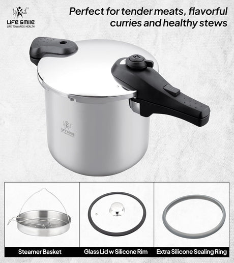 Life Smile 10L Pressure Cooker – 18/10 Stainless Steel, Push Button Lock System, Induction Compatible, Heat-Resistant Handles, Silver - Al Kabayel Discount CentreLife Smile 10L Pressure Cooker – 18/10 Stainless Steel, Push Button Lock System, Induction Compatible, Heat-Resistant Handles, SilverPressure CookersLIFE SMILEAl Kabayel Discount Centre
