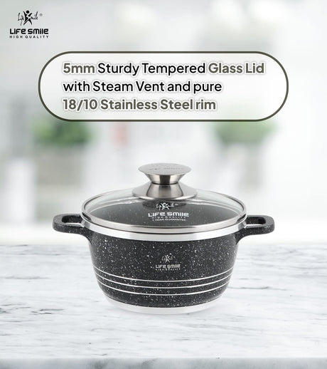Life Smile 16cm Oven-Safe Granite Coating Cooking Pot with Glass Lid Beige/Black/Gray - Al Kabayel Discount CentreLife Smile 16cm Oven-Safe Granite Coating Cooking Pot with Glass Lid Beige/Black/GrayCasserolesLIFE SMILEAl Kabayel Discount Centre