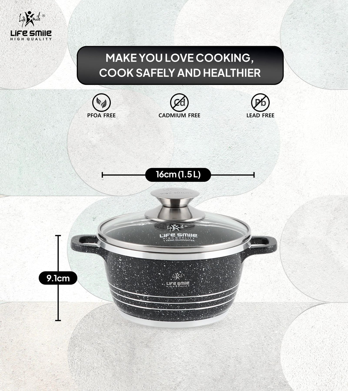 Life Smile 16cm Oven-Safe Granite Coating Cooking Pot with Glass Lid Beige/Black/Gray - Al Kabayel Discount CentreLife Smile 16cm Oven-Safe Granite Coating Cooking Pot with Glass Lid Beige/Black/GrayCasserolesLIFE SMILEAl Kabayel Discount Centre