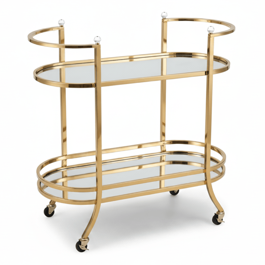 Life Smile 2-Tier Gold Metal & Glass Serving Trolley | Oval Cart with Wheels | 87×75×37 cm | Multi-Purpose Hospitality & Home Décor Trolley | - Al Kabayel Discount CentreLife Smile 2-Tier Gold Metal & Glass Serving Trolley | Oval Cart with Wheels | 87×75×37 cm | Multi-Purpose Hospitality & Home Décor Trolley |Organizers & AccessoriesLIFE SMILEAl Kabayel Discount Centre