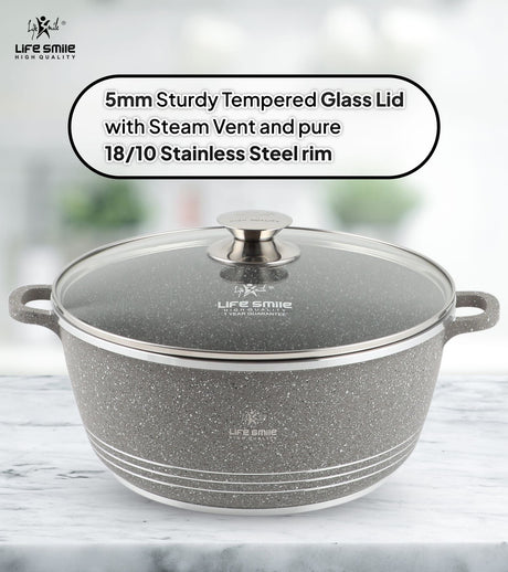 Life Smile 24cm Oven-Safe Granite Coating Cooking Pot with Glass Lid Beige/Black/Gray - Al Kabayel Discount CentreLife Smile 24cm Oven-Safe Granite Coating Cooking Pot with Glass Lid Beige/Black/GrayCasserolesLIFE SMILEAl Kabayel Discount Centre