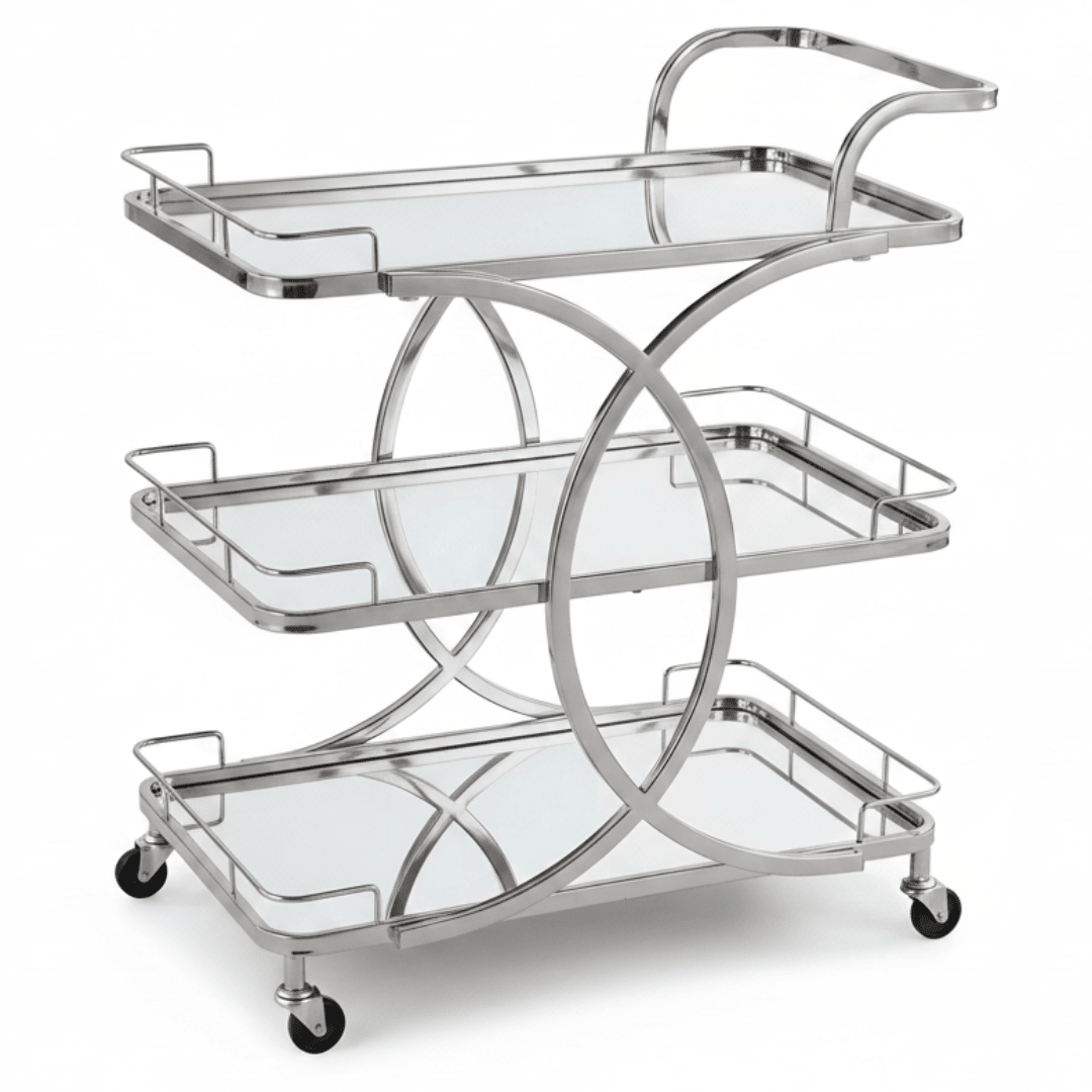 Life Smile 3-Tier Silver Chrome Metal & Mirror Glass Serving Trolley | Multi-Purpose Rolling Cart with Circular Frame | 80×70×40 cm | - Al Kabayel Discount CentreLife Smile 3-Tier Silver Chrome Metal & Mirror Glass Serving Trolley | Multi-Purpose Rolling Cart with Circular Frame | 80×70×40 cm |Organizers & AccessoriesLIFE SMILEAl Kabayel Discount Centre
