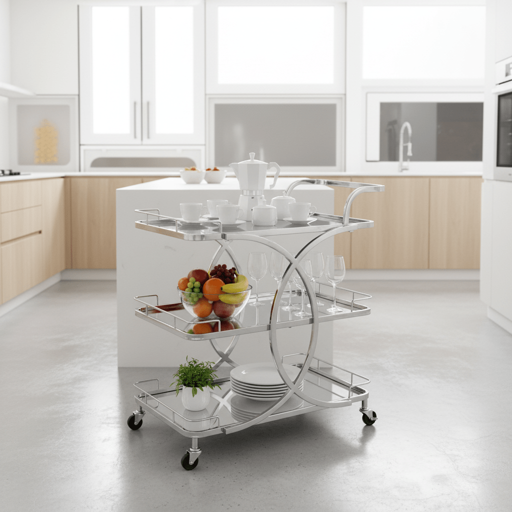 Life Smile 3-Tier Silver Chrome Metal & Mirror Glass Serving Trolley | Multi-Purpose Rolling Cart with Circular Frame | 80×70×40 cm | - Al Kabayel Discount CentreLife Smile 3-Tier Silver Chrome Metal & Mirror Glass Serving Trolley | Multi-Purpose Rolling Cart with Circular Frame | 80×70×40 cm |Organizers & AccessoriesLIFE SMILEAl Kabayel Discount Centre