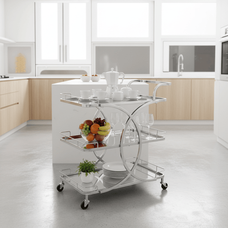 Life Smile 3-Tier Silver Chrome Metal & Mirror Glass Serving Trolley | Multi-Purpose Rolling Cart with Circular Frame | 80×70×40 cm | - Al Kabayel Discount CentreLife Smile 3-Tier Silver Chrome Metal & Mirror Glass Serving Trolley | Multi-Purpose Rolling Cart with Circular Frame | 80×70×40 cm |Organizers & AccessoriesLIFE SMILEAl Kabayel Discount Centre
