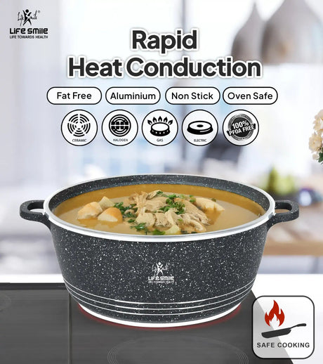 Life Smile 32cm Oven-Safe Granite Coating Cooking Pot with Glass Lid Beige/Black - Al Kabayel Discount CentreLife Smile 32cm Oven-Safe Granite Coating Cooking Pot with Glass Lid Beige/BlackCasserolesLIFE SMILEAl Kabayel Discount Centre