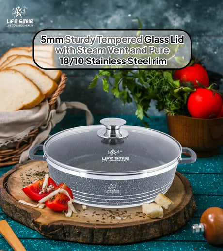 Life Smile 32cm Oven-Safe Granite Coating Cooking Pot with Glass Lid Beige/Black/Gray - Al Kabayel Discount CentreLife Smile 32cm Oven-Safe Granite Coating Cooking Pot with Glass Lid Beige/Black/GrayCasserolesLIFE SMILEAl Kabayel Discount Centre