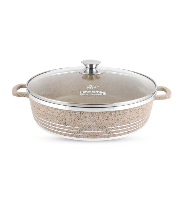 Life Smile 36cm Oven-Safe Granite Coating Cooking Pot with Glass Lid Beige/Black - Al Kabayel Discount CentreLife Smile 36cm Oven-Safe Granite Coating Cooking Pot with Glass Lid Beige/BlackCasserolesLIFE SMILEAl Kabayel Discount Centre