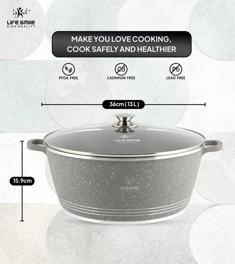 Life Smile 36cm Oven-Safe Granite Coating Cooking Pot with Glass Lid Beige/Black/Gray - Al Kabayel Discount CentreLife Smile 36cm Oven-Safe Granite Coating Cooking Pot with Glass Lid Beige/Black/GrayCasserolesLIFE SMILEAl Kabayel Discount Centre