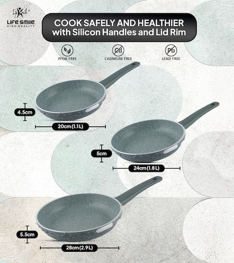 Life Smile 3pcs Fry Pan Set Includes 20cm Fry Pan, 24cm Fry Pan, 28cm Fry Pan, Multi Layer Non Stick Granite Coating Fry Pan Set, PFOA Free, Induction Base, Green - 7FP7SET - Al Kabayel Discount CentreLife Smile 3pcs Fry Pan Set Includes 20cm Fry Pan, 24cm Fry Pan, 28cm Fry Pan, Multi Layer Non Stick Granite Coating Fry Pan Set, PFOA Free, Induction Base, Green - 7FP7SETFrying Pans & SkilletsLIFE SMILEAl Kabayel Discount Centre