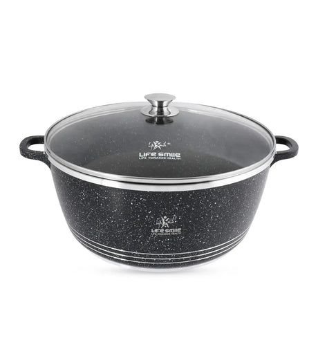 Life Smile 40cm Oven-Safe Granite Coating Cooking Pot with Glass Lid Beige/Black - Al Kabayel Discount CentreLife Smile 40cm Oven-Safe Granite Coating Cooking Pot with Glass Lid Beige/BlackCasserolesLIFE SMILEAl Kabayel Discount Centre