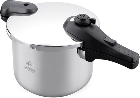 Life Smile 6L Pressure Cooker – 18/10 Stainless Steel, Push Button Lock System, Induction Compatible, Heat-Resistant Handles, Silver - Al Kabayel Discount CentreLife Smile 6L Pressure Cooker – 18/10 Stainless Steel, Push Button Lock System, Induction Compatible, Heat-Resistant Handles, SilverPressure CookersLIFE SMILEAl Kabayel Discount Centre