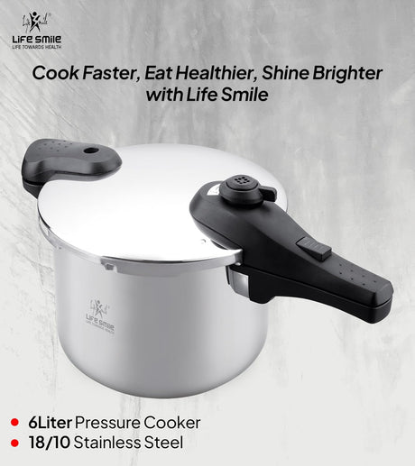 Life Smile 6L Pressure Cooker – 18/10 Stainless Steel, Push Button Lock System, Induction Compatible, Heat-Resistant Handles, Silver - Al Kabayel Discount CentreLife Smile 6L Pressure Cooker – 18/10 Stainless Steel, Push Button Lock System, Induction Compatible, Heat-Resistant Handles, SilverPressure CookersLIFE SMILEAl Kabayel Discount Centre