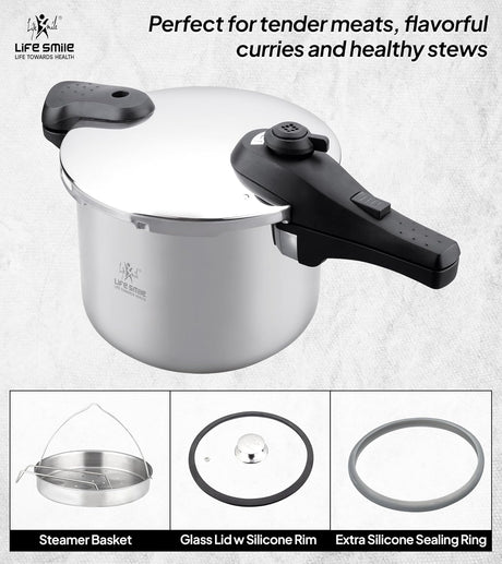 Life Smile 6L Pressure Cooker – 18/10 Stainless Steel, Push Button Lock System, Induction Compatible, Heat-Resistant Handles, Silver - Al Kabayel Discount CentreLife Smile 6L Pressure Cooker – 18/10 Stainless Steel, Push Button Lock System, Induction Compatible, Heat-Resistant Handles, SilverPressure CookersLIFE SMILEAl Kabayel Discount Centre
