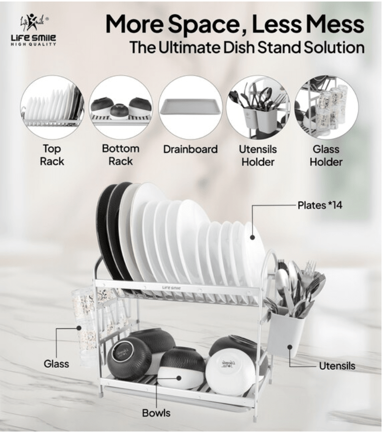 Life Smile Aluminium 2 Tier Dish Rack with Anti - Slip Rubber Fleet Designed to Maximize the Kitchen Storage 49.7cmX25cmX37.7cm - silver - Al Kabayel Discount CentreLife Smile Aluminium 2 Tier Dish Rack with Anti - Slip Rubber Fleet Designed to Maximize the Kitchen Storage 49.7cmX25cmX37.7cm - silverOrganizers & AccessoriesLIFE SMILEAl Kabayel Discount Centre