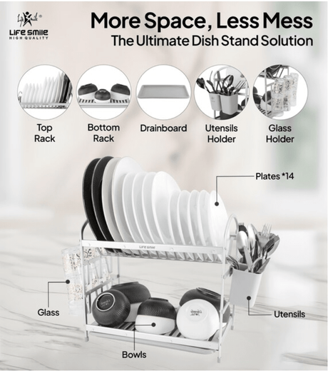Life Smile Aluminium 2 Tier Dish Rack with Anti - Slip Rubber Fleet Designed to Maximize the Kitchen Storage 49.7cmX25cmX37.7cm - silver - Al Kabayel Discount CentreLife Smile Aluminium 2 Tier Dish Rack with Anti - Slip Rubber Fleet Designed to Maximize the Kitchen Storage 49.7cmX25cmX37.7cm - silverOrganizers & AccessoriesLIFE SMILEAl Kabayel Discount Centre