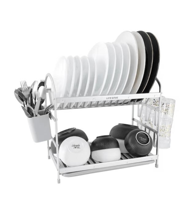 Life Smile Aluminium 2 Tier Dish Rack with Anti - Slip Rubber Fleet Designed to Maximize the Kitchen Storage 49.7cmX25cmX37.7cm - silver - Al Kabayel Discount CentreLife Smile Aluminium 2 Tier Dish Rack with Anti - Slip Rubber Fleet Designed to Maximize the Kitchen Storage 49.7cmX25cmX37.7cm - silverOrganizers & AccessoriesLIFE SMILEAl Kabayel Discount Centre