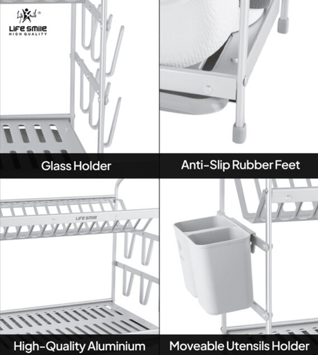Life Smile Aluminium 2 Tier Dish Rack with Anti - Slip Rubber Fleet Designed to Maximize the Kitchen Storage 49.7cmX25cmX37.7cm - silver - Al Kabayel Discount CentreLife Smile Aluminium 2 Tier Dish Rack with Anti - Slip Rubber Fleet Designed to Maximize the Kitchen Storage 49.7cmX25cmX37.7cm - silverOrganizers & AccessoriesLIFE SMILEAl Kabayel Discount Centre