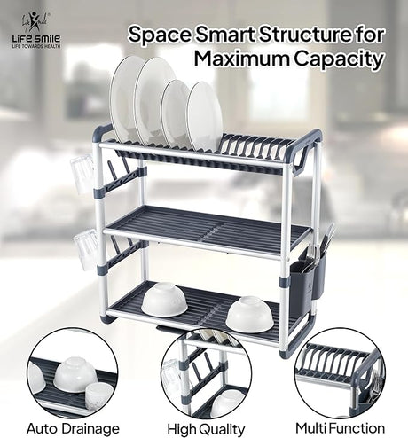 Life Smile Aluminum 3 Tier Dish Drying Rack with Bowl Shelf, Drainer, Cutlery and Cup Holder 60.9cmX26.7cmX57.7cm - White&grey - Al Kabayel Discount CentreLife Smile Aluminum 3 Tier Dish Drying Rack with Bowl Shelf, Drainer, Cutlery and Cup Holder 60.9cmX26.7cmX57.7cm - White&greyOrganizers & AccessoriesLIFE SMILEAl Kabayel Discount Centre