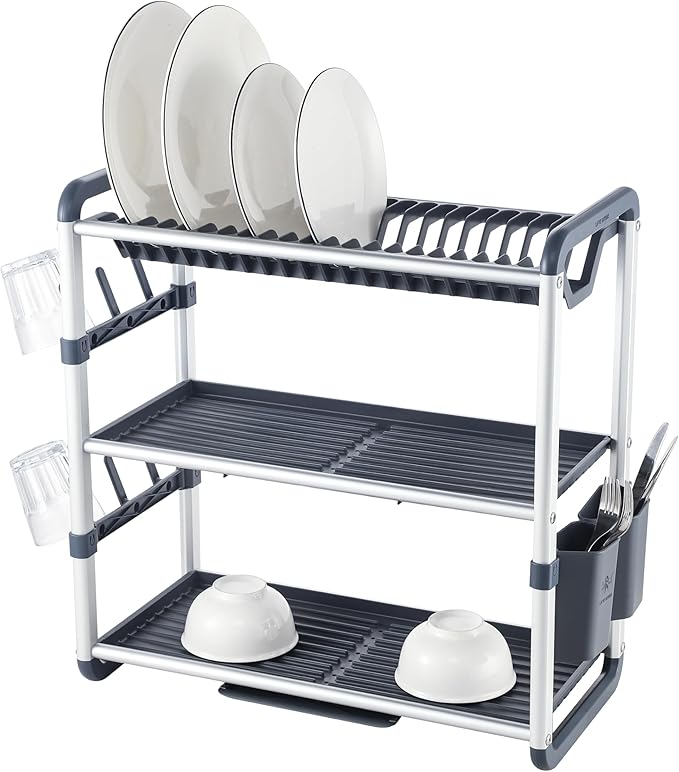Life Smile Aluminum 3 Tier Dish Drying Rack with Bowl Shelf, Drainer, Cutlery and Cup Holder 60.9cmX26.7cmX57.7cm - White&grey - Al Kabayel Discount CentreLife Smile Aluminum 3 Tier Dish Drying Rack with Bowl Shelf, Drainer, Cutlery and Cup Holder 60.9cmX26.7cmX57.7cm - White&greyOrganizers & AccessoriesLIFE SMILEAl Kabayel Discount Centre