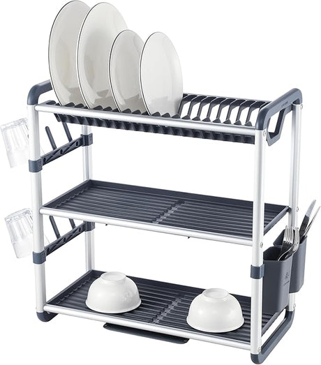 Life Smile Aluminum 3 Tier Dish Drying Rack with Bowl Shelf, Drainer, Cutlery and Cup Holder 60.9cmX26.7cmX57.7cm - White&grey - Al Kabayel Discount CentreLife Smile Aluminum 3 Tier Dish Drying Rack with Bowl Shelf, Drainer, Cutlery and Cup Holder 60.9cmX26.7cmX57.7cm - White&greyOrganizers & AccessoriesLIFE SMILEAl Kabayel Discount Centre