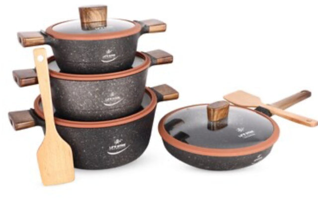 Life Smile Burj Al Arab Series 10pcs Non - Stick Granite Coating Cookware Set Includes 6.2 Liter Soup Pot with Lid - 1pc, 4.1 Liter Soup Pot with Lid - 1pc, 2.4 Liter Soup Pot with Lid - 1pc, 2.9 Liter Fry Pan Lid - 1pc, 2pc Spoons, LIFEP15 - 10T2 - Brown - Al Kabayel Discount CentreLife Smile Burj Al Arab Series 10pcs Non - Stick Granite Coating Cookware Set Includes 6.2 Liter Soup Pot with Lid - 1pc, 4.1 Liter Soup Pot with Lid - 1pc, 2.4 Liter Soup Pot with Lid - 1pc, 2.9 Liter Fry Pan Lid - 