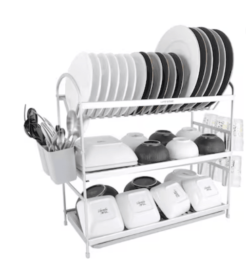 Life Smile Dish Rack - 3 Tier Countertop Dish Drying Stand With Removable Drip Tray - Pure Aluminum with Cutlery Holder and Cups Holder - Anti Slip and Rust Proof Dish Drainer 62.9cmX25cmX51.7cm - silver - Al Kabayel Discount CentreLife Smile Dish Rack - 3 Tier Countertop Dish Drying Stand With Removable Drip Tray - Pure Aluminum with Cutlery Holder and Cups Holder - Anti Slip and Rust Proof Dish Drainer 62.9cmX25cmX51.7cm - silverOrganizers & AccessoriesLIFE SMILEAl Kabayel Discount Centre