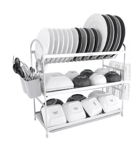 Life Smile Dish Rack - 3 Tier Countertop Dish Drying Stand With Removable Drip Tray - Pure Aluminum with Cutlery Holder and Cups Holder - Anti Slip and Rust Proof Dish Drainer 62.9cmX25cmX51.7cm - silver - Al Kabayel Discount CentreLife Smile Dish Rack - 3 Tier Countertop Dish Drying Stand With Removable Drip Tray - Pure Aluminum with Cutlery Holder and Cups Holder - Anti Slip and Rust Proof Dish Drainer 62.9cmX25cmX51.7cm - silverOrganizers & AccessoriesLIFE SMILEAl Kabayel Discount Centre