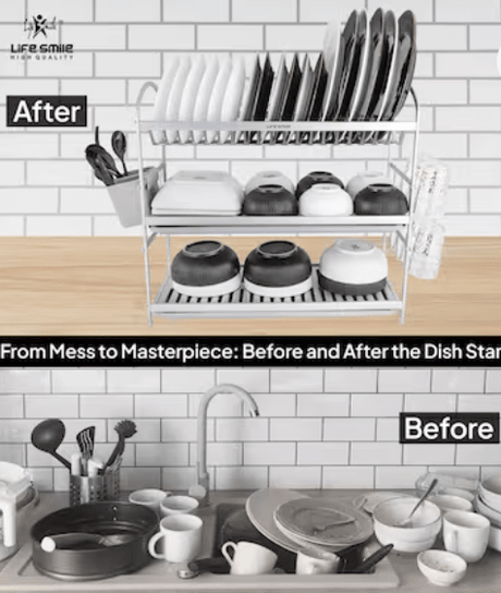 Life Smile Dish Rack - 3 Tier Countertop Dish Drying Stand With Removable Drip Tray - Pure Aluminum with Cutlery Holder and Cups Holder - Anti Slip and Rust Proof Dish Drainer 62.9cmX25cmX51.7cm - silver - Al Kabayel Discount CentreLife Smile Dish Rack - 3 Tier Countertop Dish Drying Stand With Removable Drip Tray - Pure Aluminum with Cutlery Holder and Cups Holder - Anti Slip and Rust Proof Dish Drainer 62.9cmX25cmX51.7cm - silverOrganizers & AccessoriesLIFE SMILEAl Kabayel Discount Centre