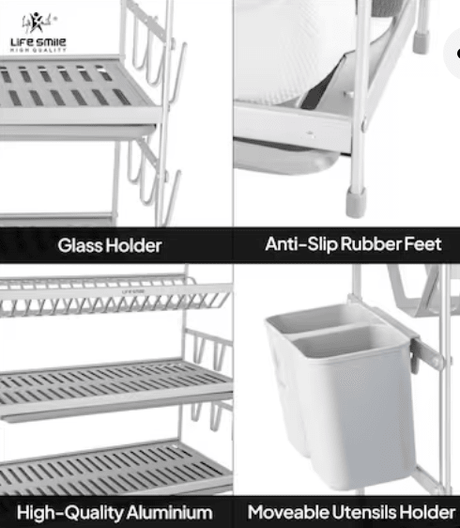 Life Smile Dish Rack - 3 Tier Countertop Dish Drying Stand With Removable Drip Tray - Pure Aluminum with Cutlery Holder and Cups Holder - Anti Slip and Rust Proof Dish Drainer 62.9cmX25cmX51.7cm - silver - Al Kabayel Discount CentreLife Smile Dish Rack - 3 Tier Countertop Dish Drying Stand With Removable Drip Tray - Pure Aluminum with Cutlery Holder and Cups Holder - Anti Slip and Rust Proof Dish Drainer 62.9cmX25cmX51.7cm - silverOrganizers & AccessoriesLIFE SMILEAl Kabayel Discount Centre