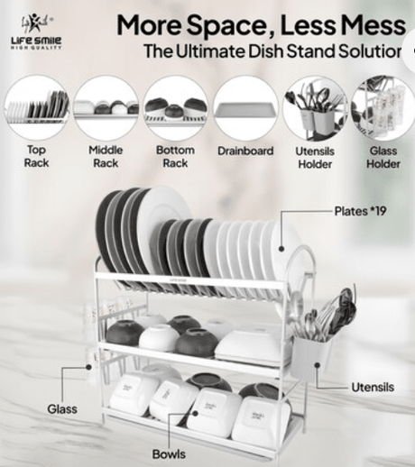 Life Smile Dish Rack - 3 Tier Countertop Dish Drying Stand With Removable Drip Tray - Pure Aluminum with Cutlery Holder and Cups Holder - Anti Slip and Rust Proof Dish Drainer 62.9cmX25cmX51.7cm - silver - Al Kabayel Discount CentreLife Smile Dish Rack - 3 Tier Countertop Dish Drying Stand With Removable Drip Tray - Pure Aluminum with Cutlery Holder and Cups Holder - Anti Slip and Rust Proof Dish Drainer 62.9cmX25cmX51.7cm - silverOrganizers & AccessoriesLIFE SMILEAl Kabayel Discount Centre