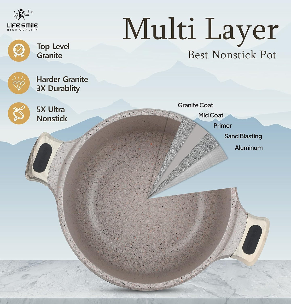 LIFE SMILE Elbrus Series 6pcs Granite Coating Cookware Set, Soup Pot with Lid - 16cm, 20cm, 24cm - Al Kabayel Discount CentreLIFE SMILE Elbrus Series 6pcs Granite Coating Cookware Set, Soup Pot with Lid - 16cm, 20cm, 24cmCookware SetLIFE SMILEAl Kabayel Discount Centre