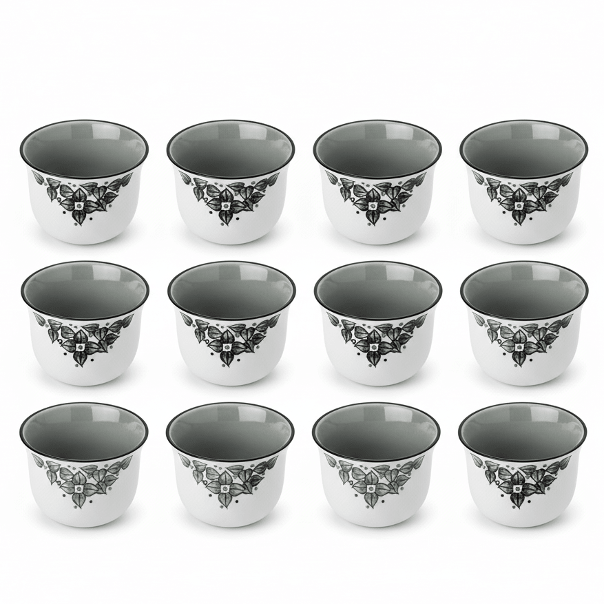 Lilac 12pcs White Ceramic Cawa Cup Set with Silver Rim and Black Leaf Artistic Design 80ml Elegant Espresso Cups for Coffee Tea and Special Occasions - Al Kabayel Discount CentreLilac 12pcs White Ceramic Cawa Cup Set with Silver Rim and Black Leaf Artistic Design 80ml Elegant Espresso Cups for Coffee Tea and Special OccasionsTea SetsLILACAl Kabayel Discount Centre