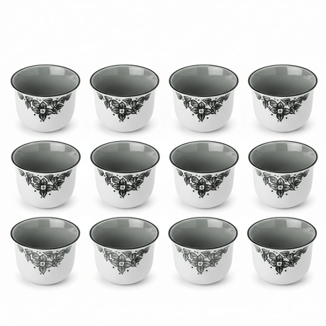 Lilac 12pcs White Ceramic Cawa Cup Set with Silver Rim and Black Leaf Artistic Design 80ml Elegant Espresso Cups for Coffee Tea and Special Occasions - Al Kabayel Discount CentreLilac 12pcs White Ceramic Cawa Cup Set with Silver Rim and Black Leaf Artistic Design 80ml Elegant Espresso Cups for Coffee Tea and Special OccasionsTea SetsLILACAl Kabayel Discount Centre